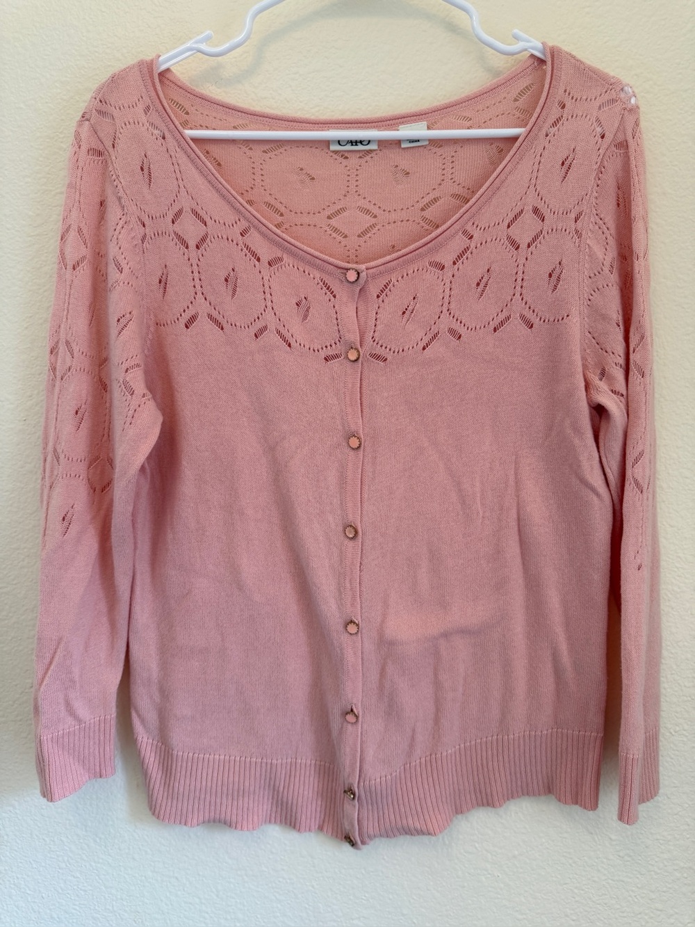 Cato Pink Pointelle Openwork Knit Button Front Cardigan Sweater Size S